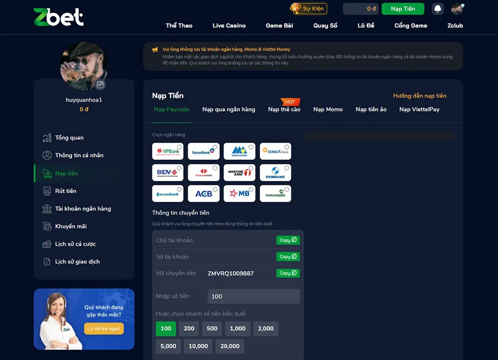 Hình ảnh hướng dẫn người chơi nạp rút tiền tại nhà cái Zbet